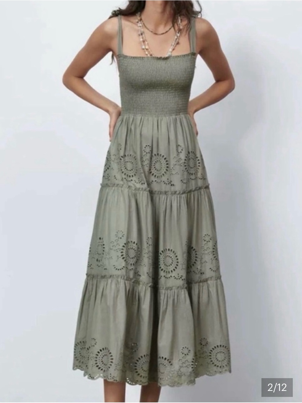 Zara Smocked Eyelet Tiered Maxi Dress - Olive Green - Picture 3 of 6